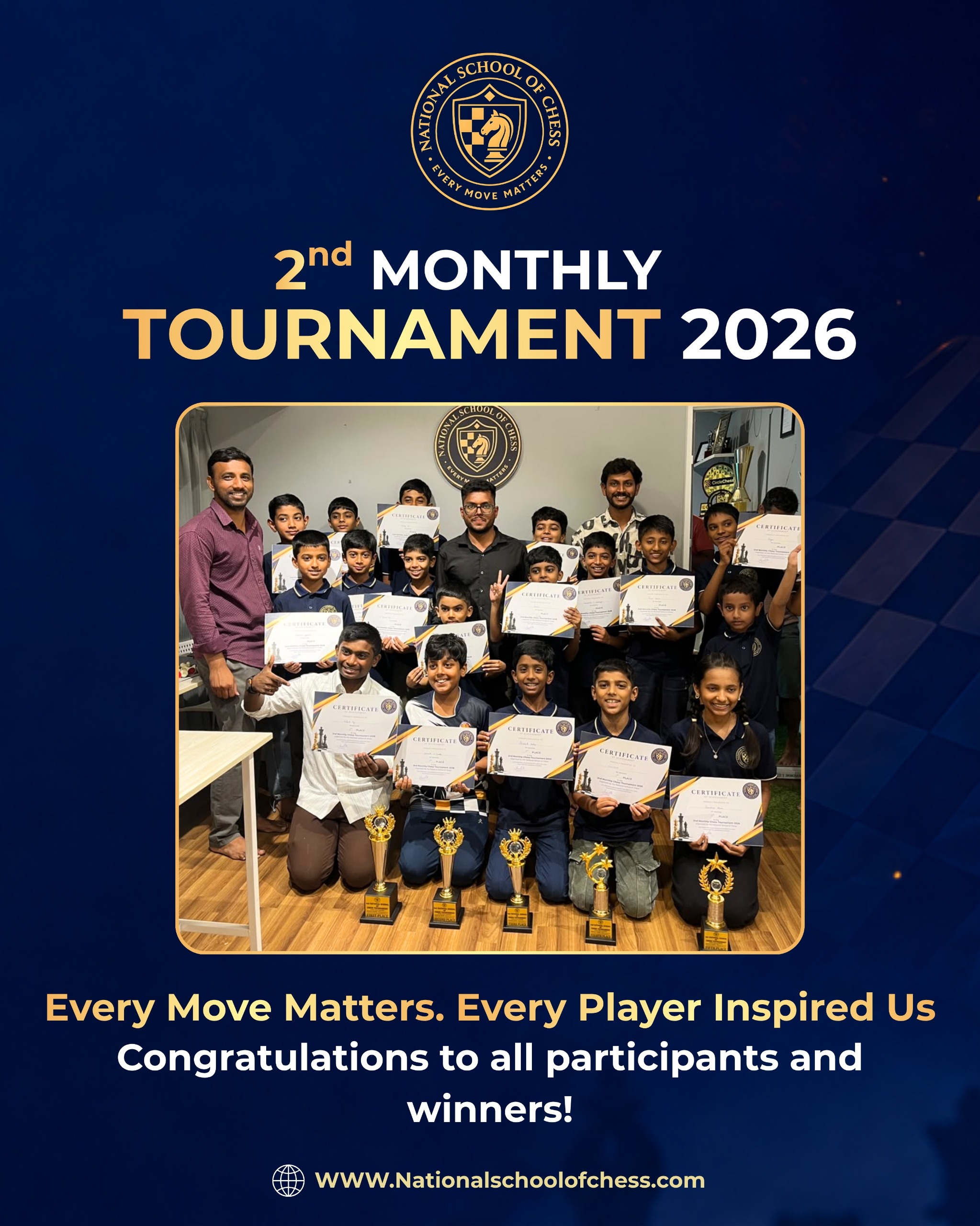 All participants of the 2nd Monthly Chess Tournament 2026 holding certificates and trophies